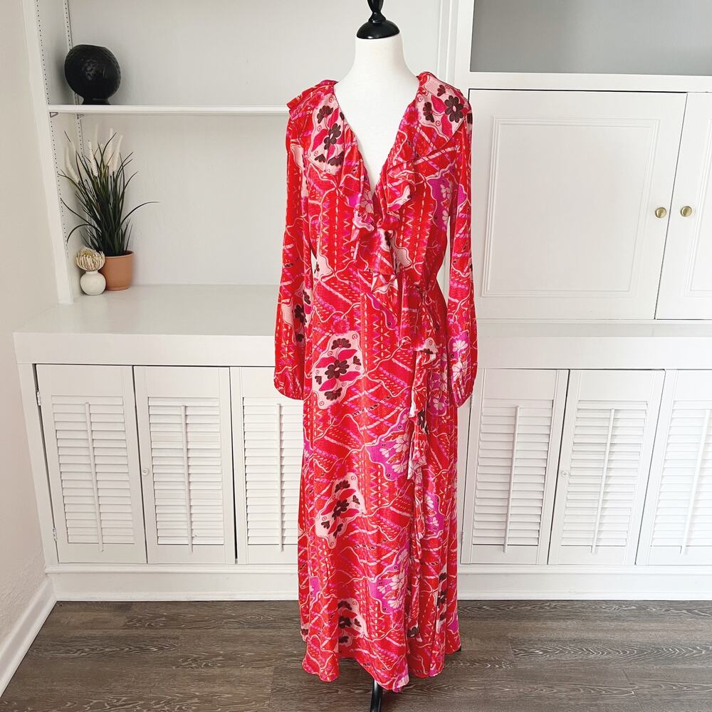 NWT Figue Mosaic Batik Ruffle Trim Arabella Wrap Dress Red Size S/M - Picture 2 of 8
